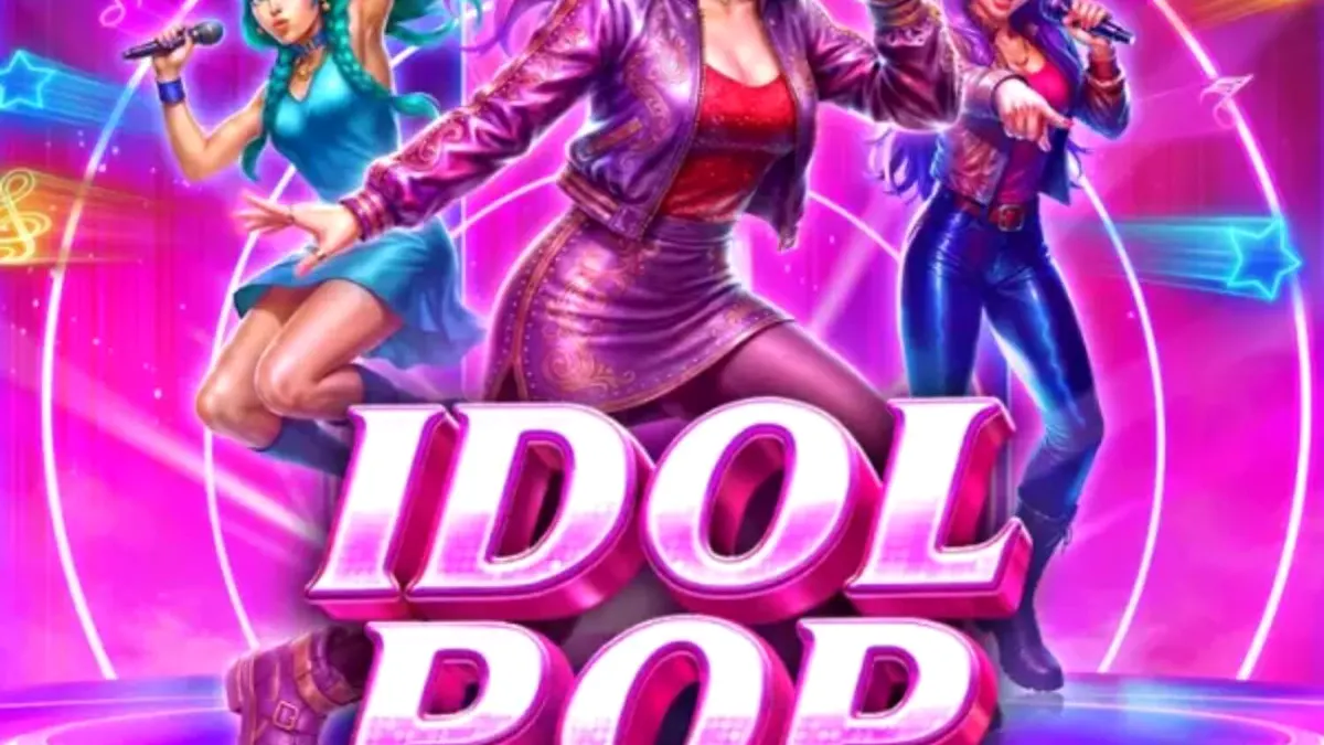 Panggung konser neon Idol Pop Fever dengan karakter idola bergaya anime.